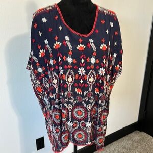 Johnny Was Blue and Red Graphic 3/4 Sleeve Blouse